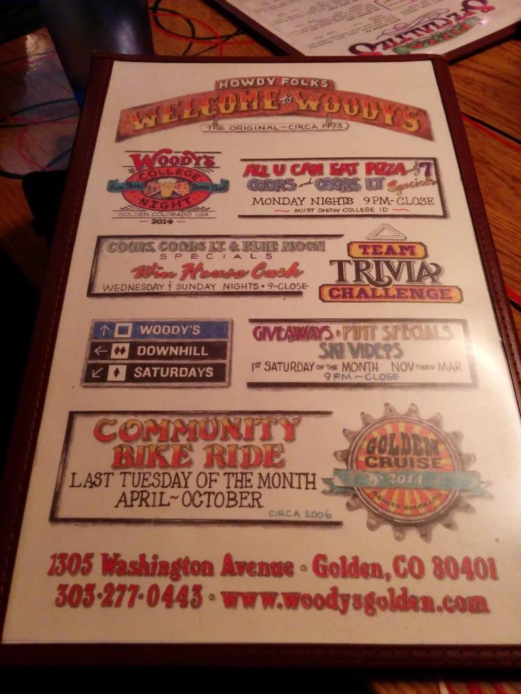 Menu at Woody's Wood Fired Pizza pizzeria, Golden, Washington Ave