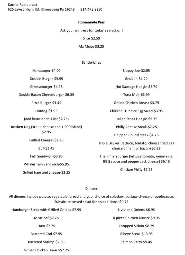 Menu at The Korner Restaurant, Rimersburg, 626 Lawsonham Rd