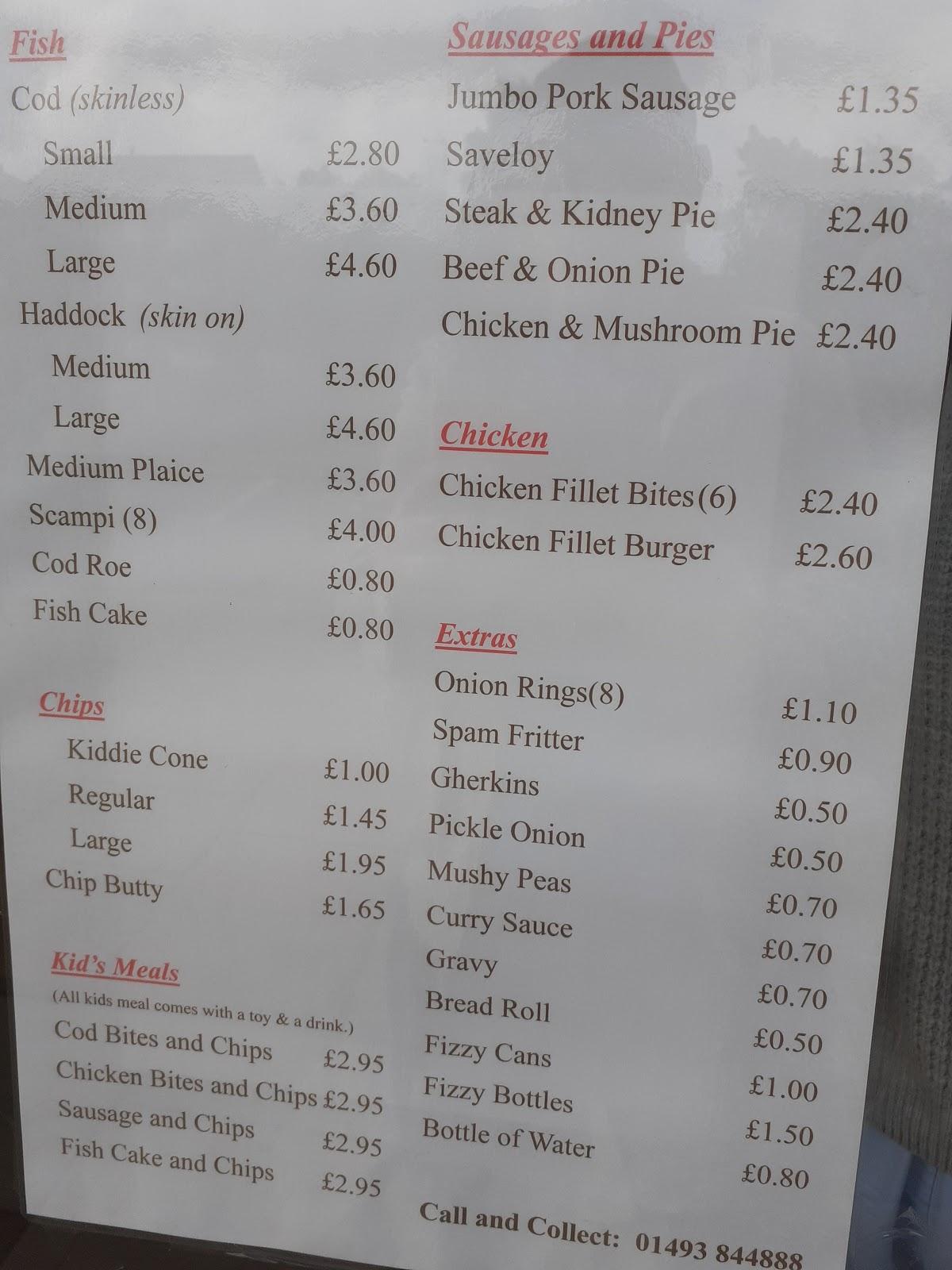 Menu at Crystal Fish Bar, Great Yarmouth