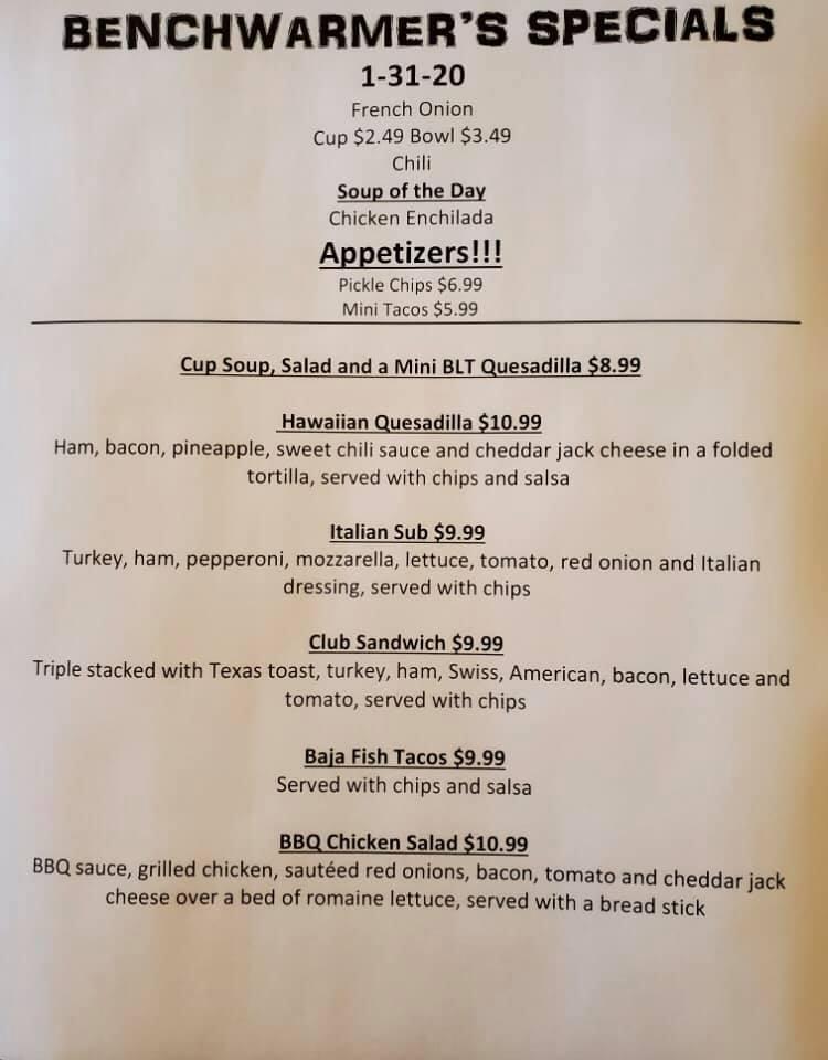Menu at Bench Warmers Sports Bar & Grill, Sandusky