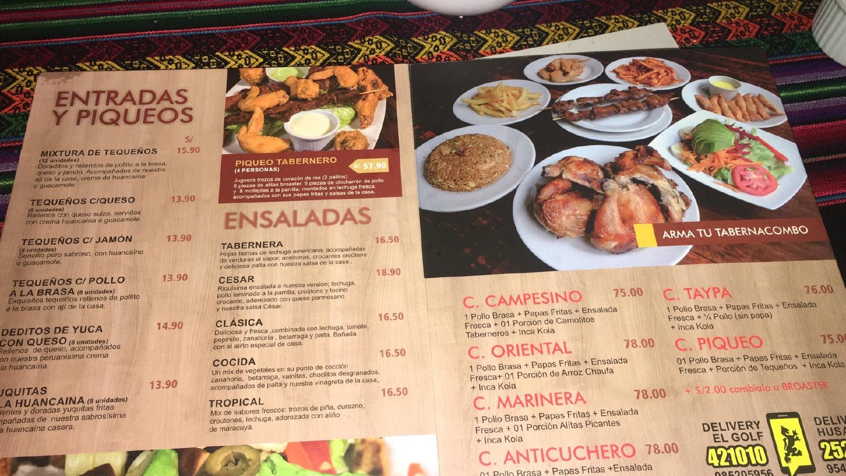 Menu at La Taberna restaurant, Víctor Larco Herrera District, Mz c Lote 31