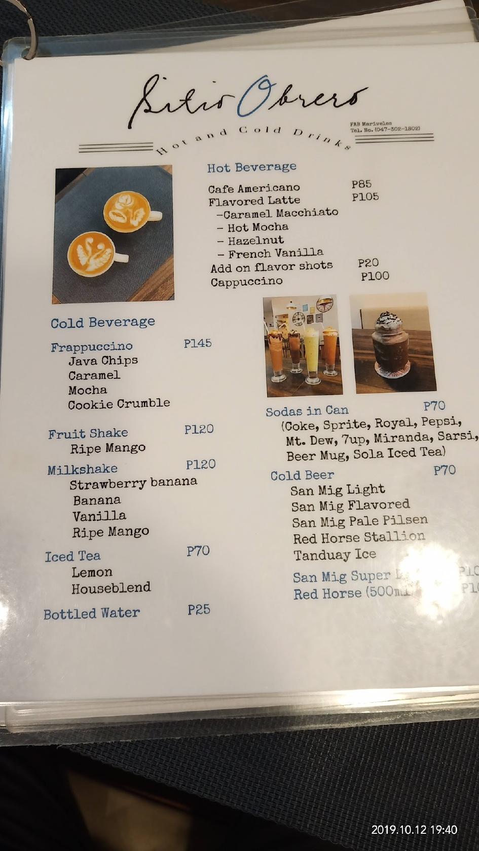 Menu at Sitio Obrero restaurant, Mariveles