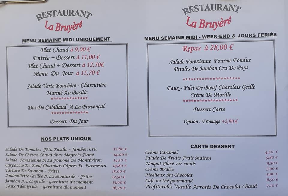 Menu at La Bruyere restaurant, Savigneux