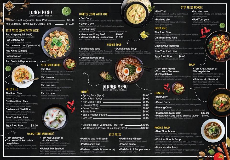 Menu at Thai Cessnock restaurant, Cessnock
