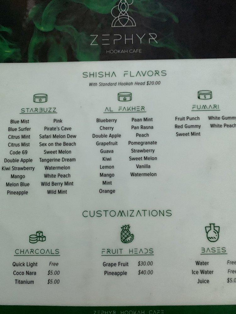 Carta de Zephyr Hookah Cafe, Ellicott City