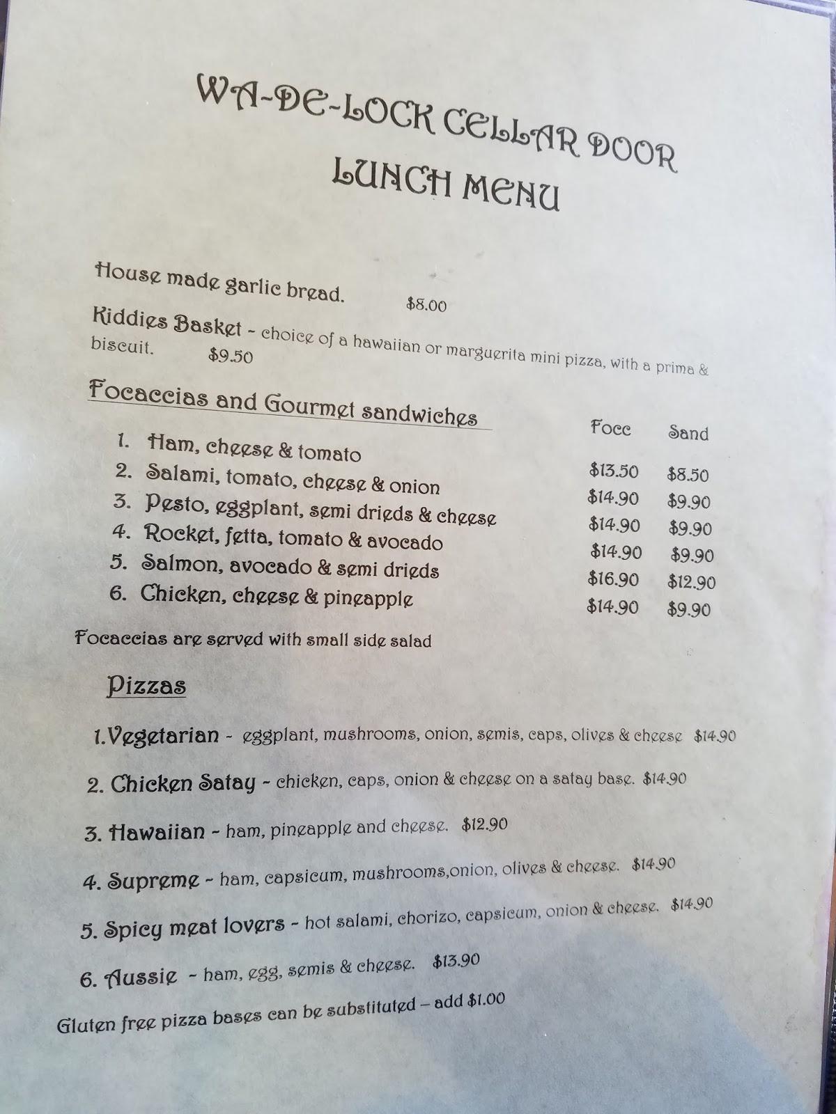 Menu at A WaDeLock Cellar Door restaurant, Stratford