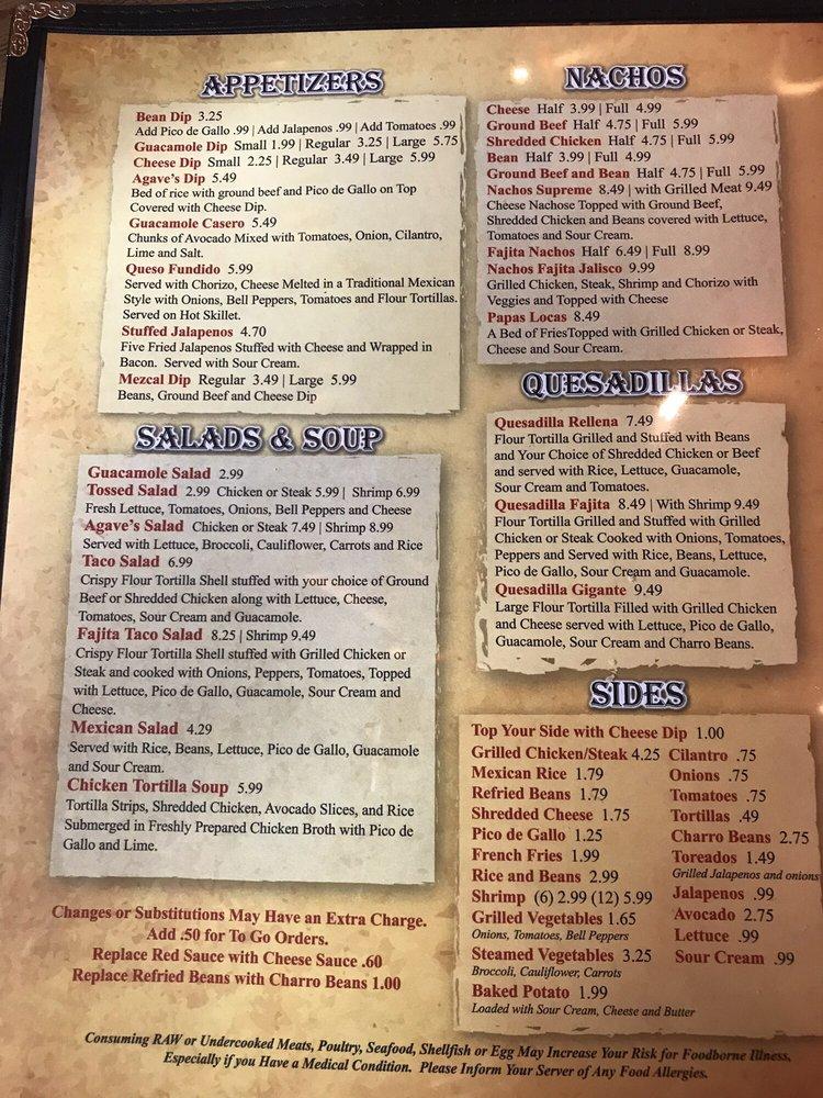 Menu at Blue Agave's Mexican Grill restaurant, Farmington