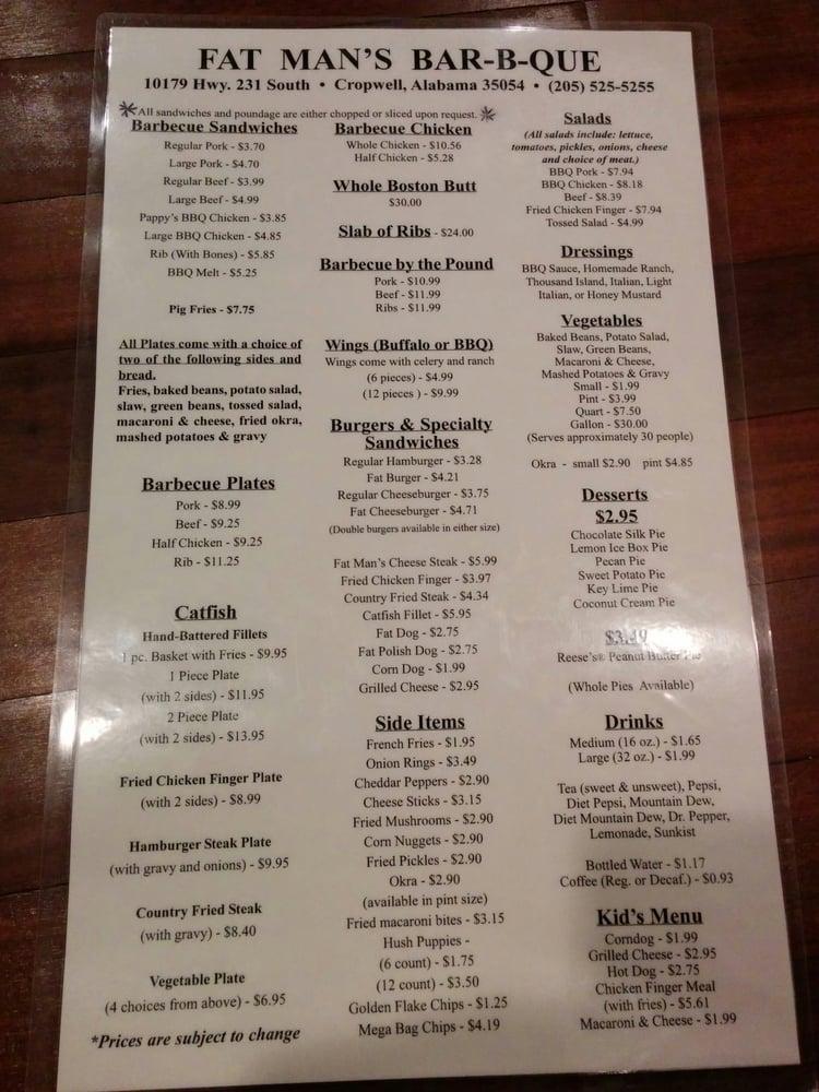 Menu at Fat Man's Bar B Que, Pell City, Old US Hwy 231