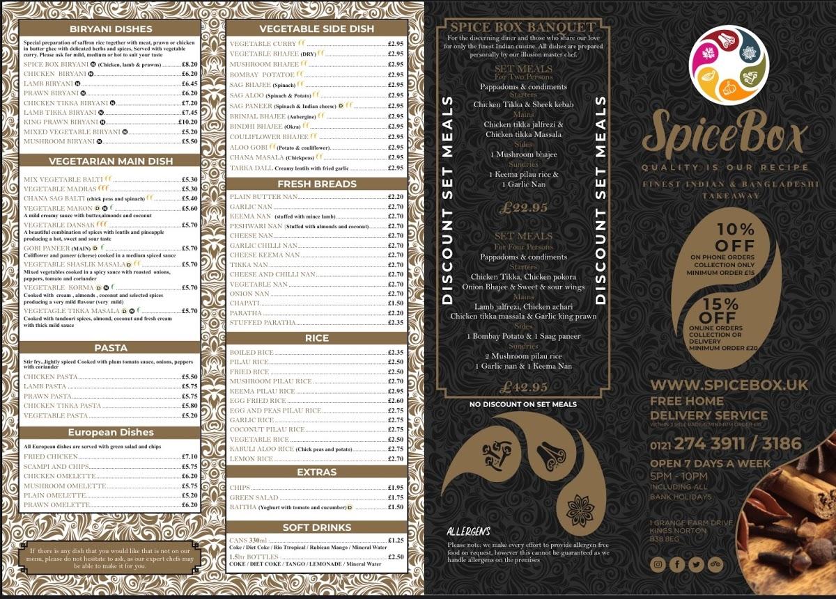Menu at Spice Box, Birmingham