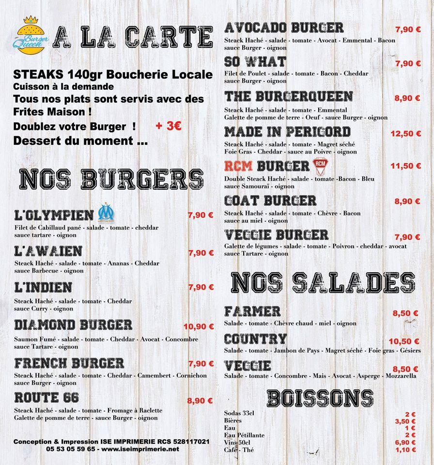 Menu at Burger Queen restaurant, Mussidan