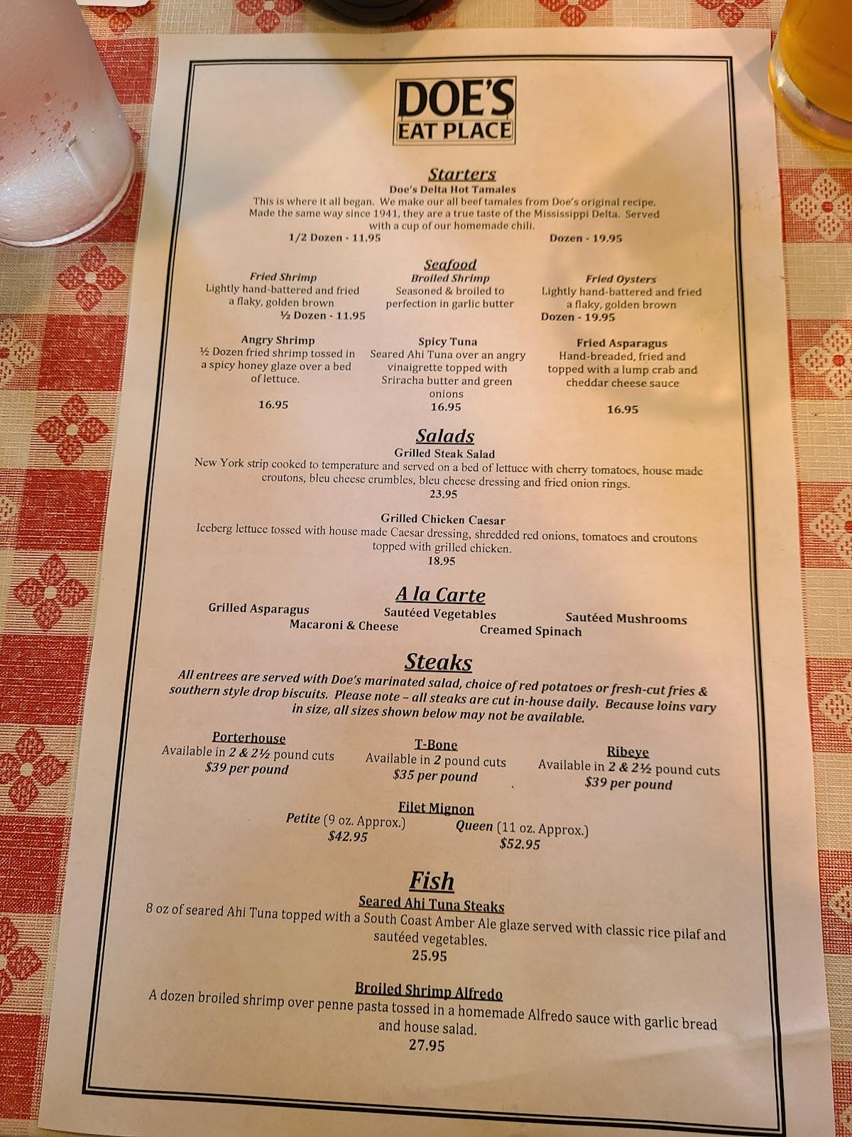 Menu at Doe's Eat Place steakhouse, Baton Rouge