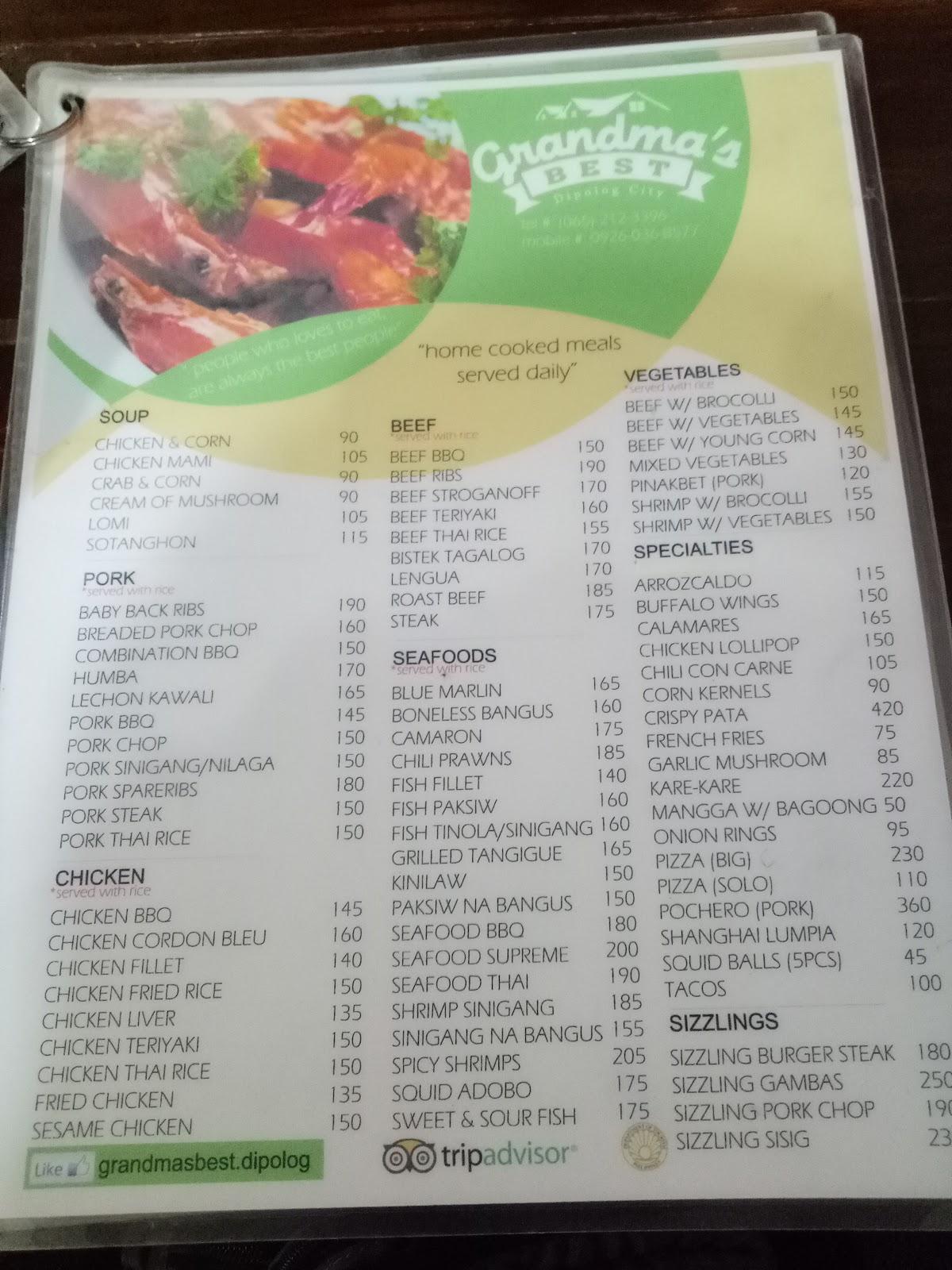 Menu at Grandma's Best restaurant, Dipolog City