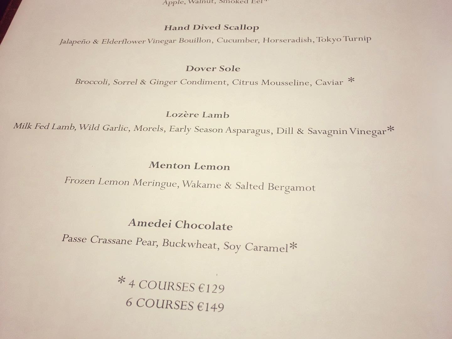 Menu at The Greenhouse restaurant, Dublin