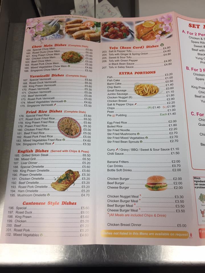 Menu at Sam Hing's Takeaway fast food, Wigan
