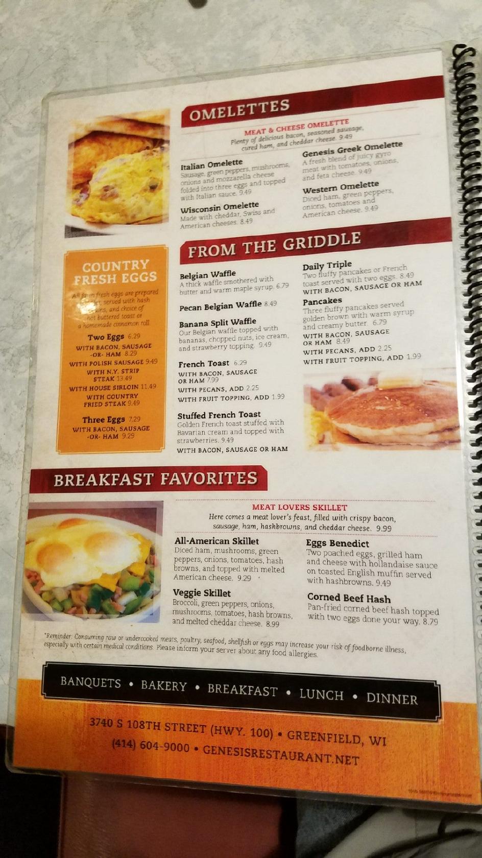 Menu at Genesis Family Restaurant, Greenfield, S 108th St