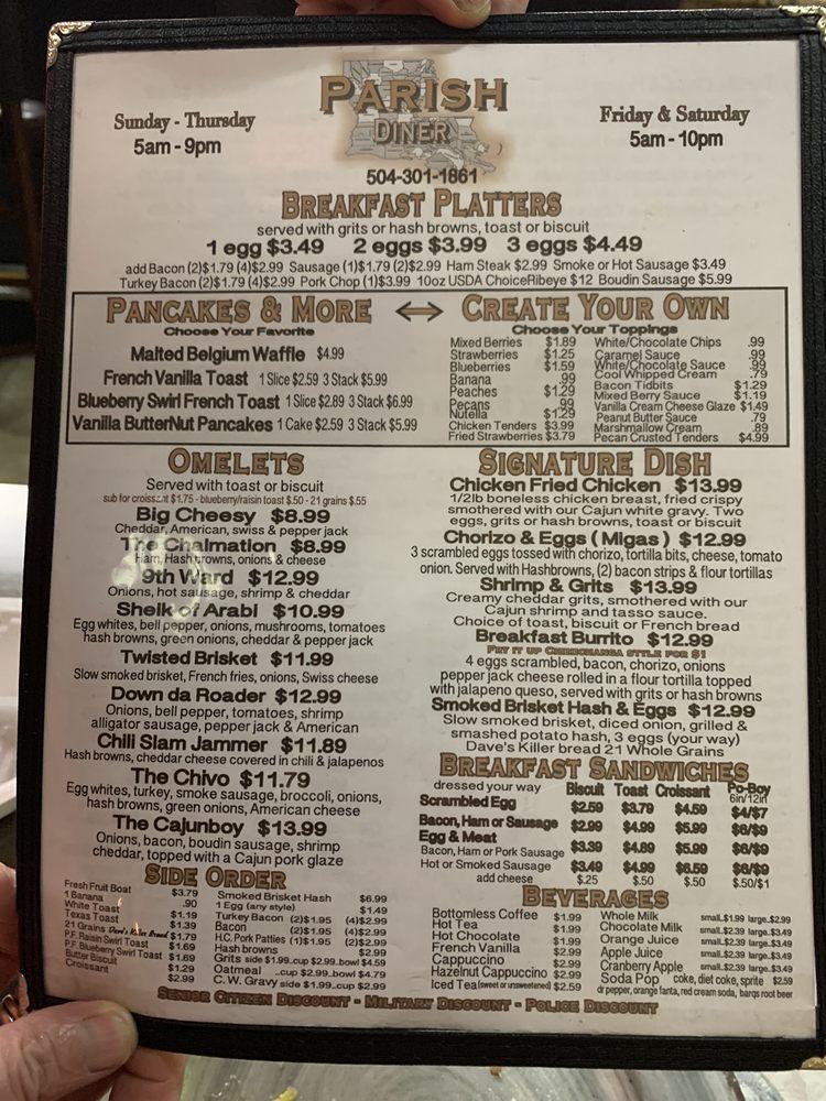 Menu at Parish Diner restaurant, Chalmette