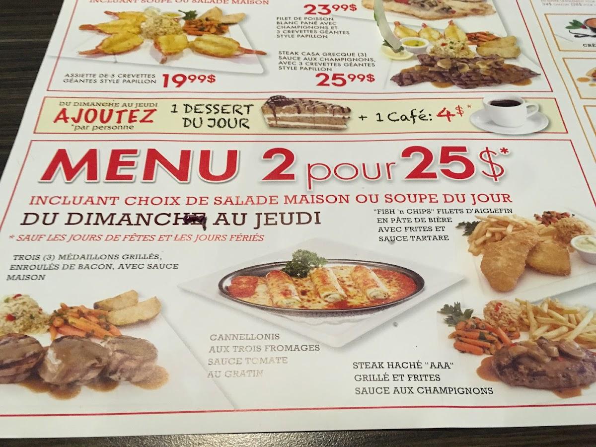 Menu au Casa Grecque restaurant, Laval, Bd DanielJohnson