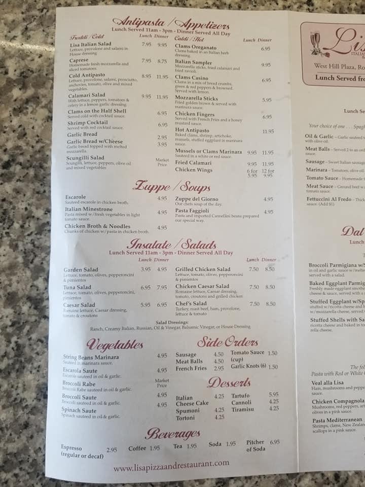 Menu at Lisa's Cucina Italian Restaurant, Toms River