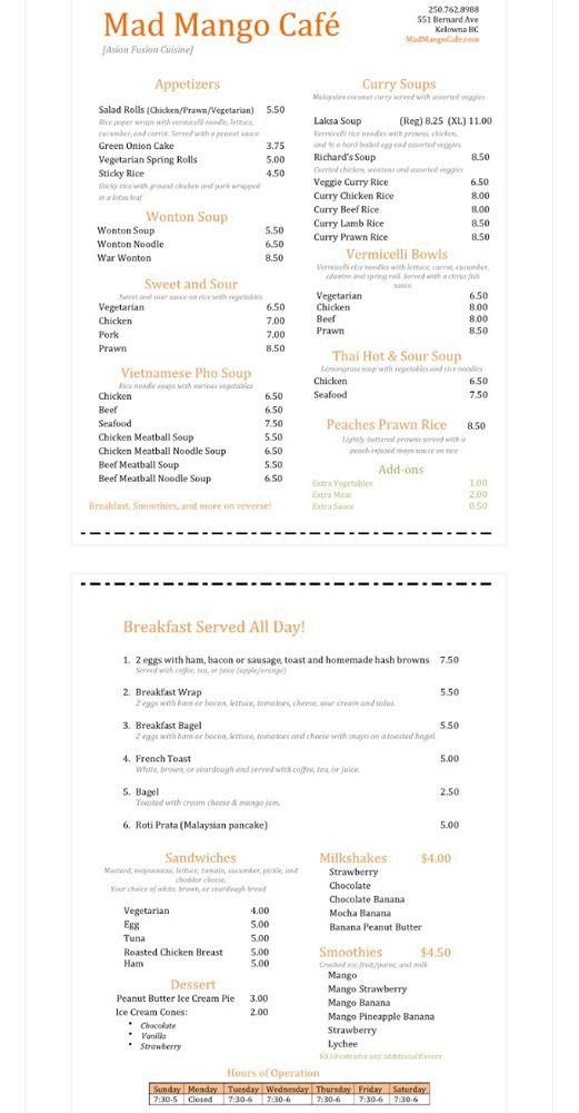Menu at Mad Mango Cafe, Kelowna