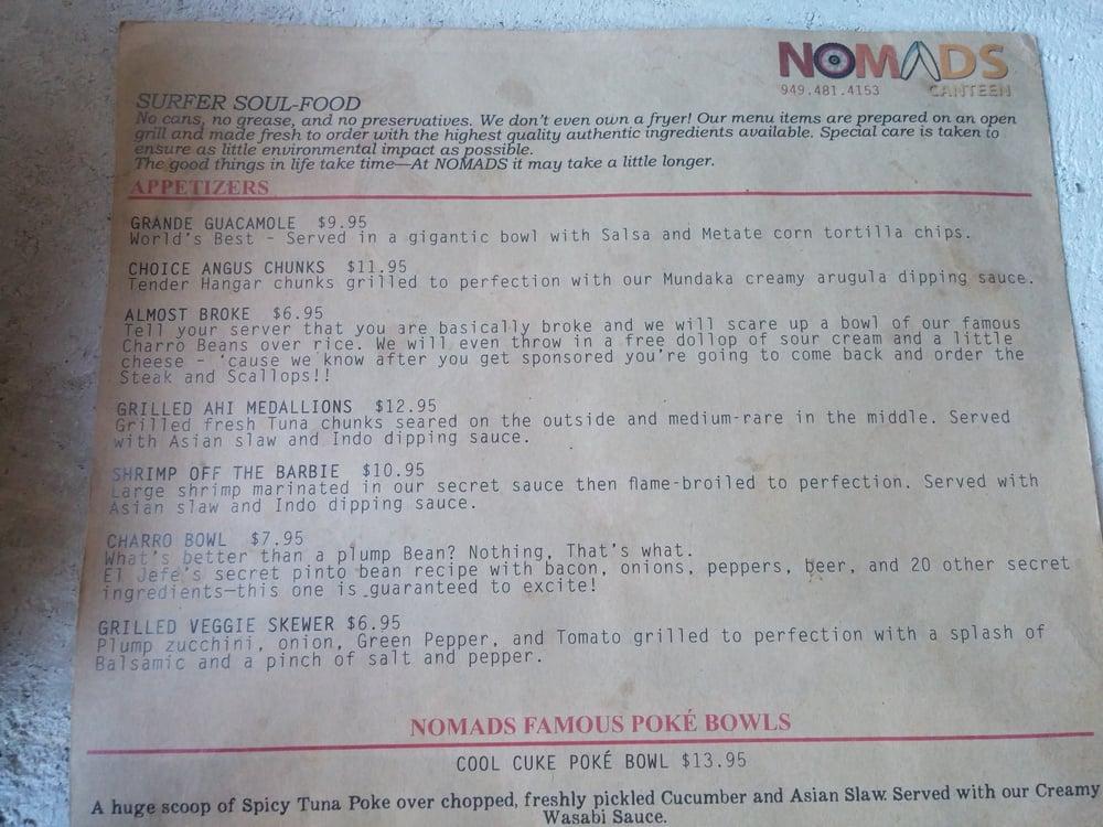 Menu at Nomads Canteen restaurant, San Clemente