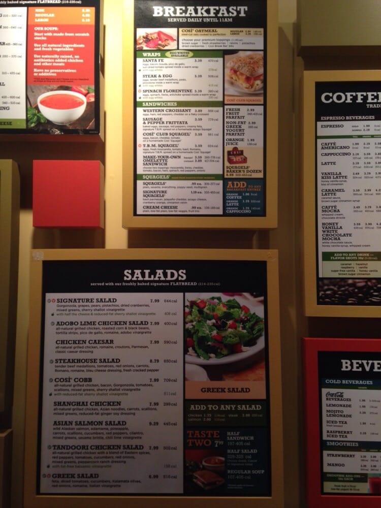 Menu at Così restaurant, Baltimore, 100 S Charles St