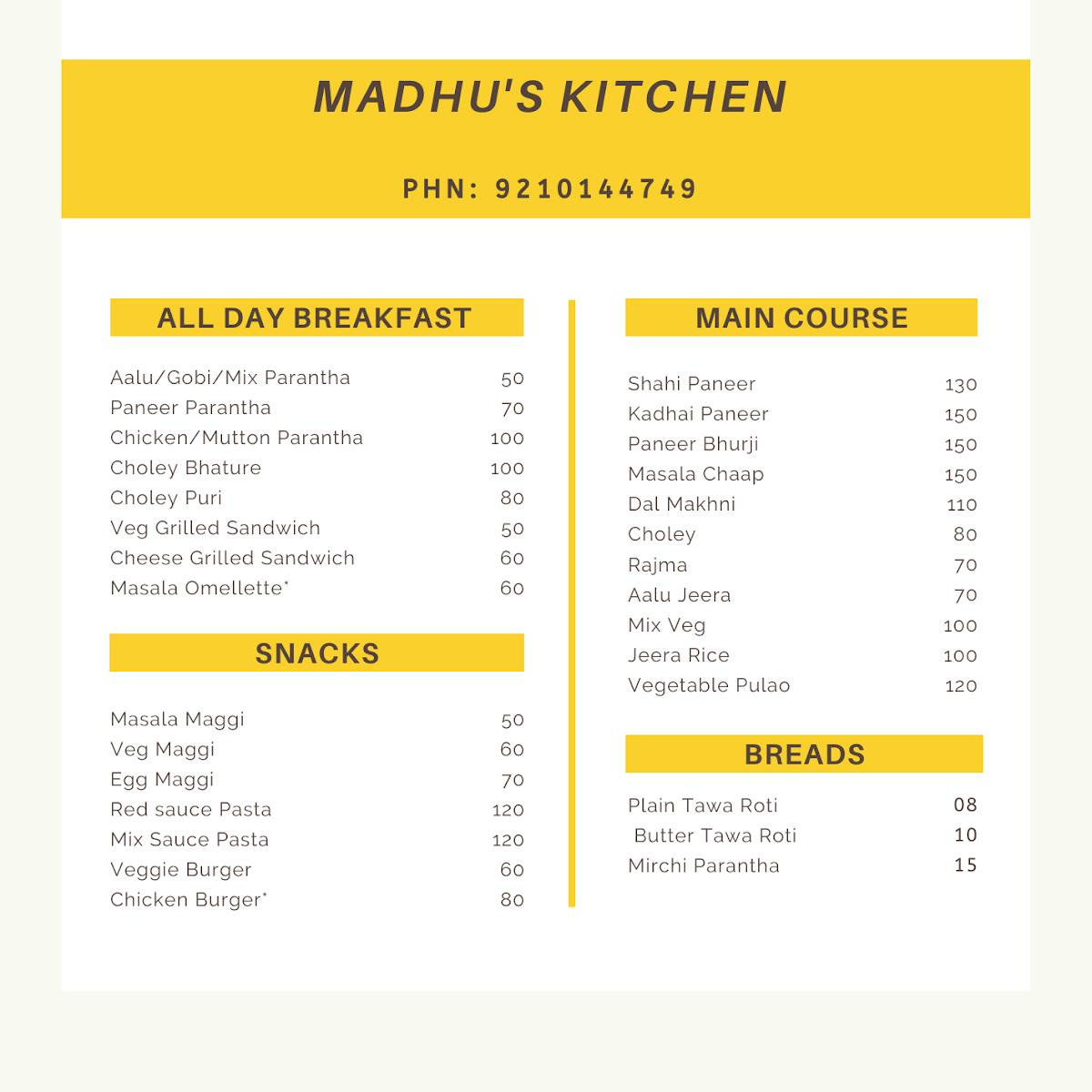 Menu at Madhu's Kitchen, New Delhi