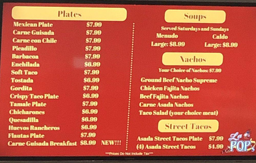 Menu at La Pop's restaurant, Abilene