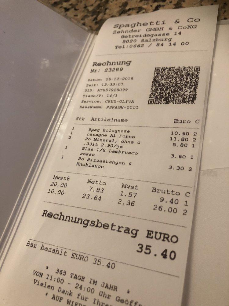 Menu at Pizza & Pasta Spaghetti & Co, Salzburg
