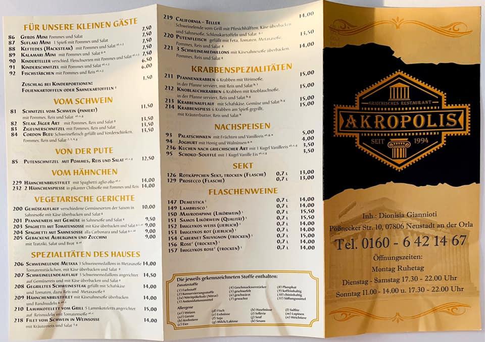 Speisekarte von Griechisches Restaurant Akropolis, Neustadt an der Orla