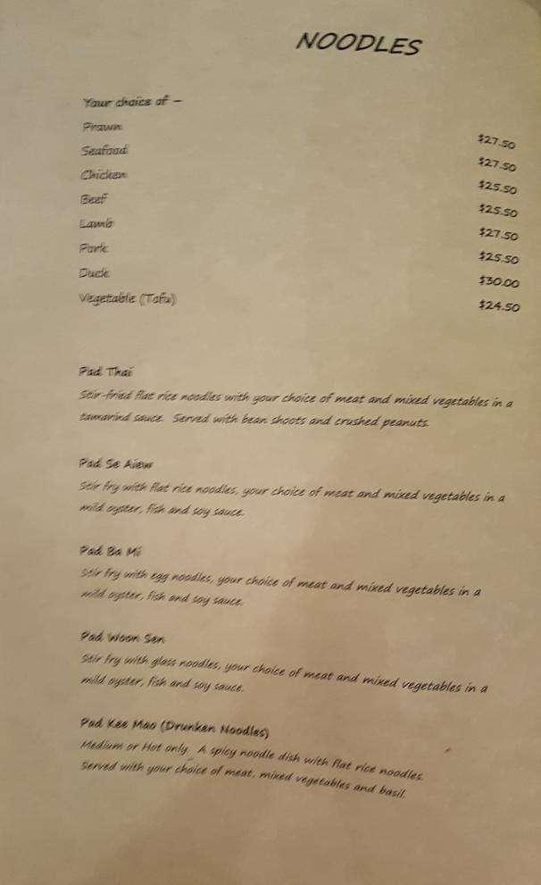 Menu at Joop Thai Restaurant, Centennial Park