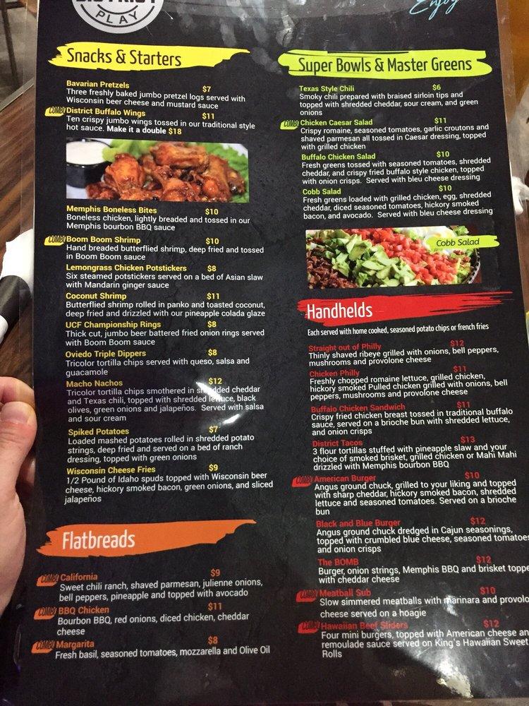 Menu at District Eat & Play restaurant, Oviedo