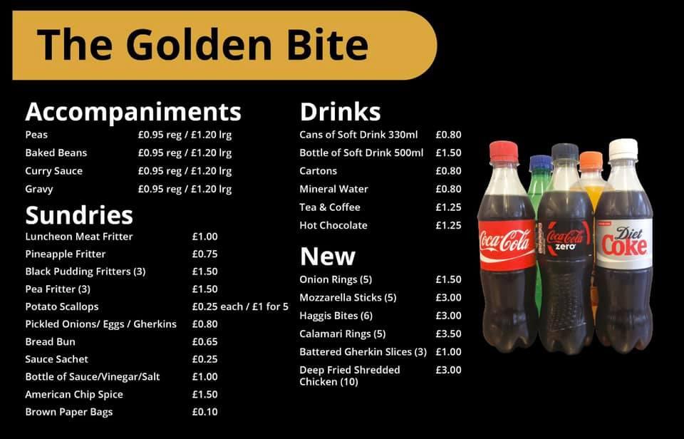 Menu at Golden Bite fast food, Boroughbridge