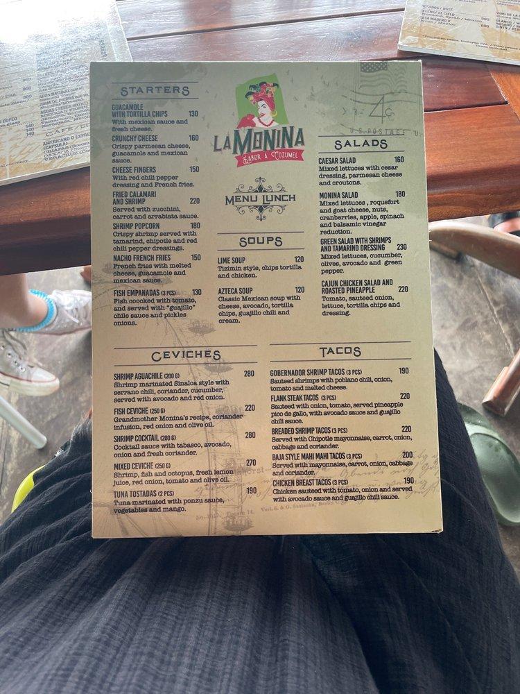 Menu at La Monina restaurant, San Miguel de Cozumel, Av. Rafael E. Melgar  s/n