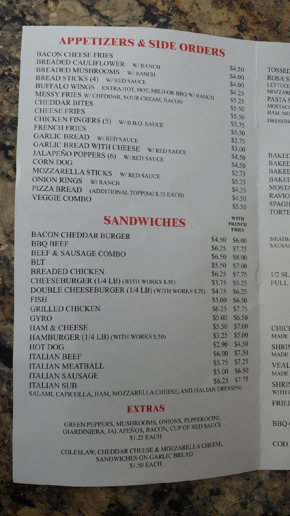 Menu at Rosa's Pizza & Italian Restaurant, Capron