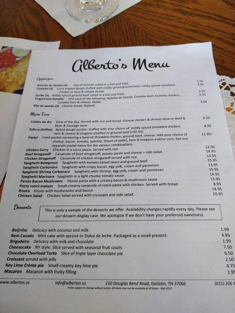 Menu at Alberto’s restaurant, Gallatin
