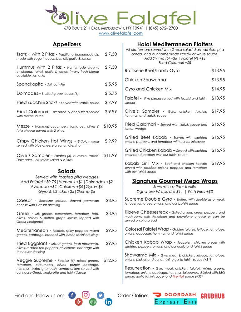 Menu at Olive Falafel restaurant, Middletown