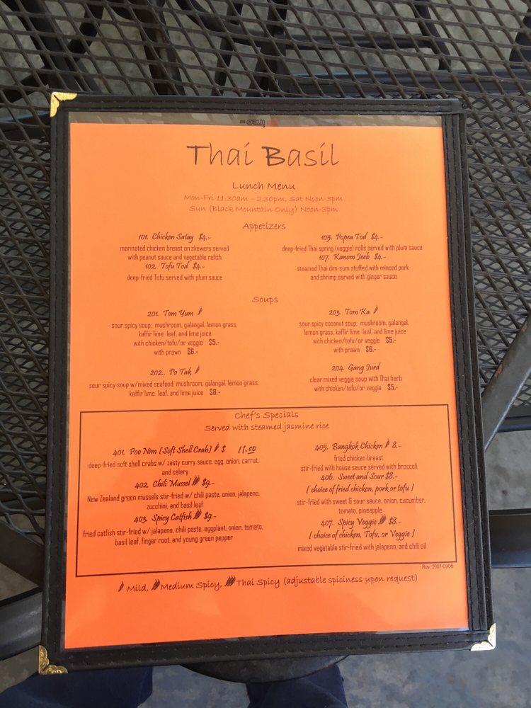 Menu at Thai Basil restaurant, Black Mountain