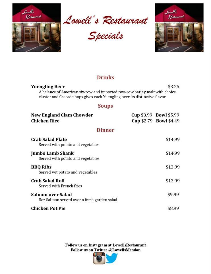 Menu at Lowell's Restaurant, Mendon