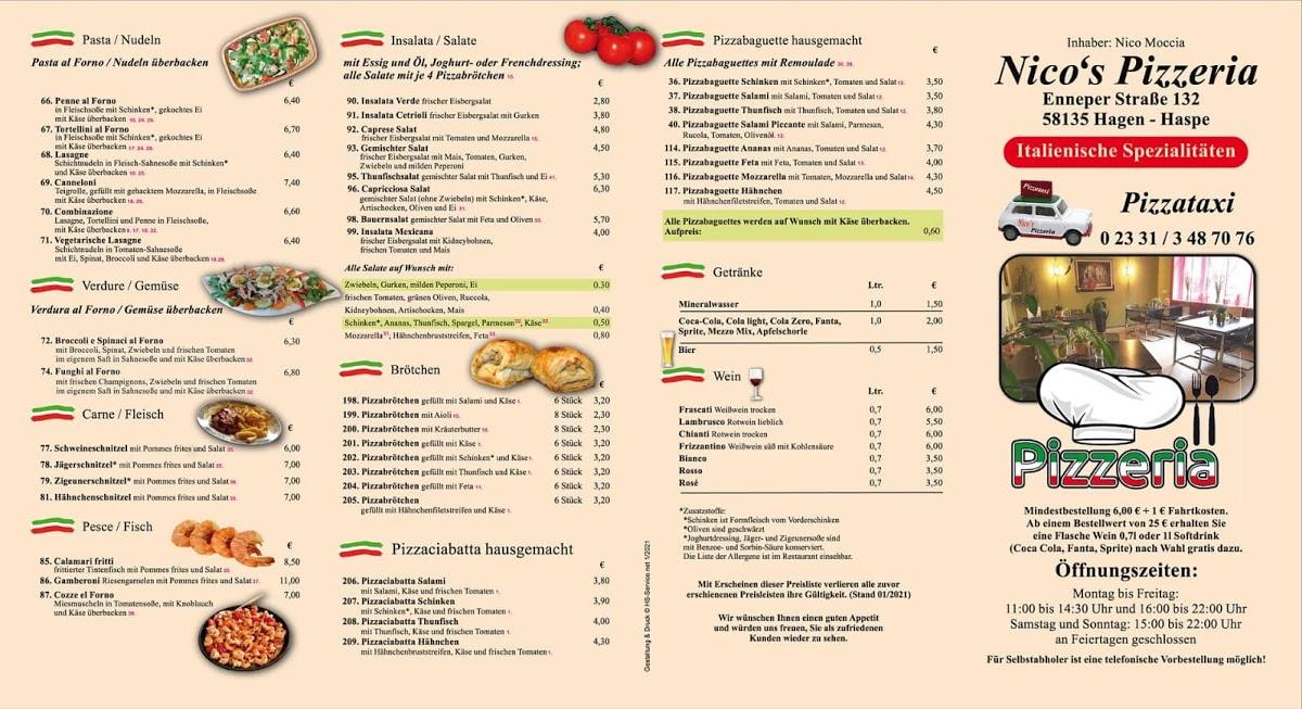 Speisekarte von Nico’s Pizzeria, Hagen