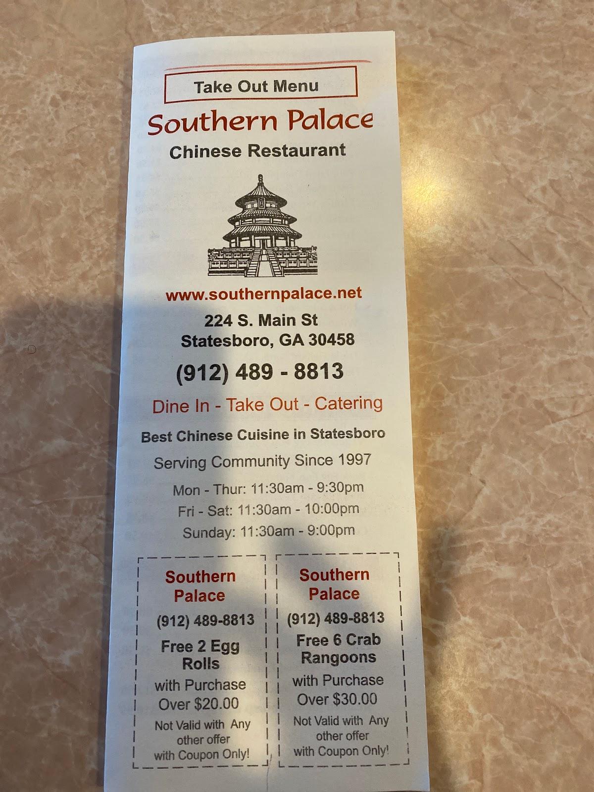 Menu at Southern Palace Chinese Restaurant, Statesboro, 224 S Main St