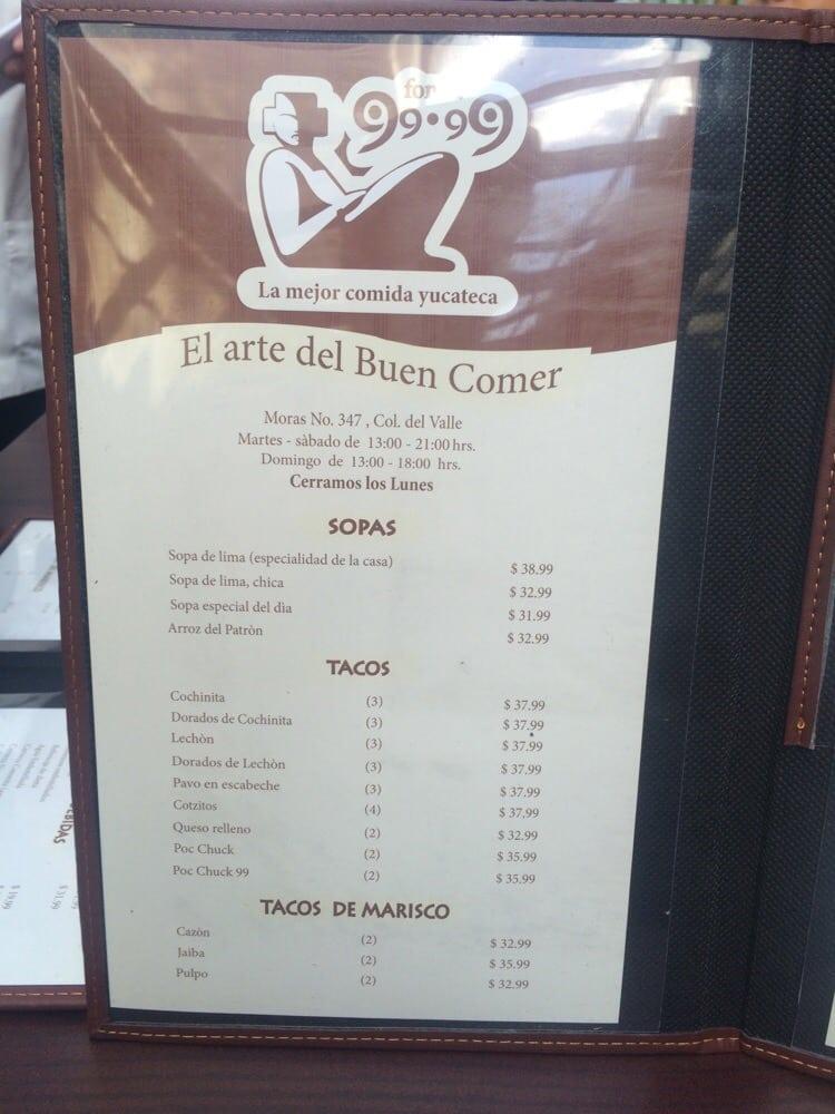 Menu at Fonda 99.99 restaurant, Mexico City, Moras 347