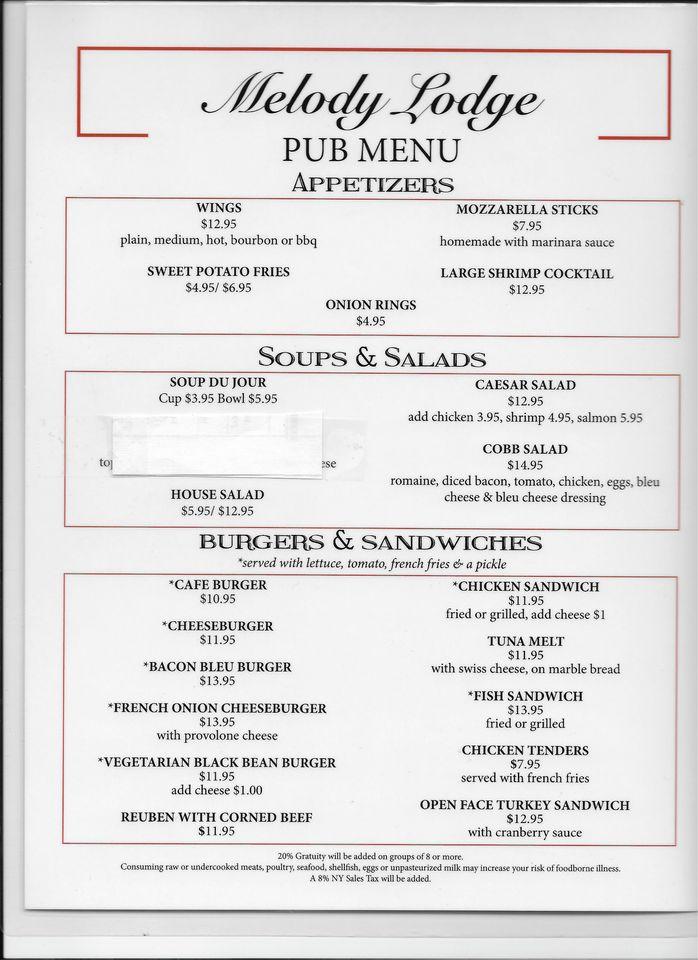 Menu at Melody Lodge pub & bar, Speculator, 111 Old Indian Lake Rd.
