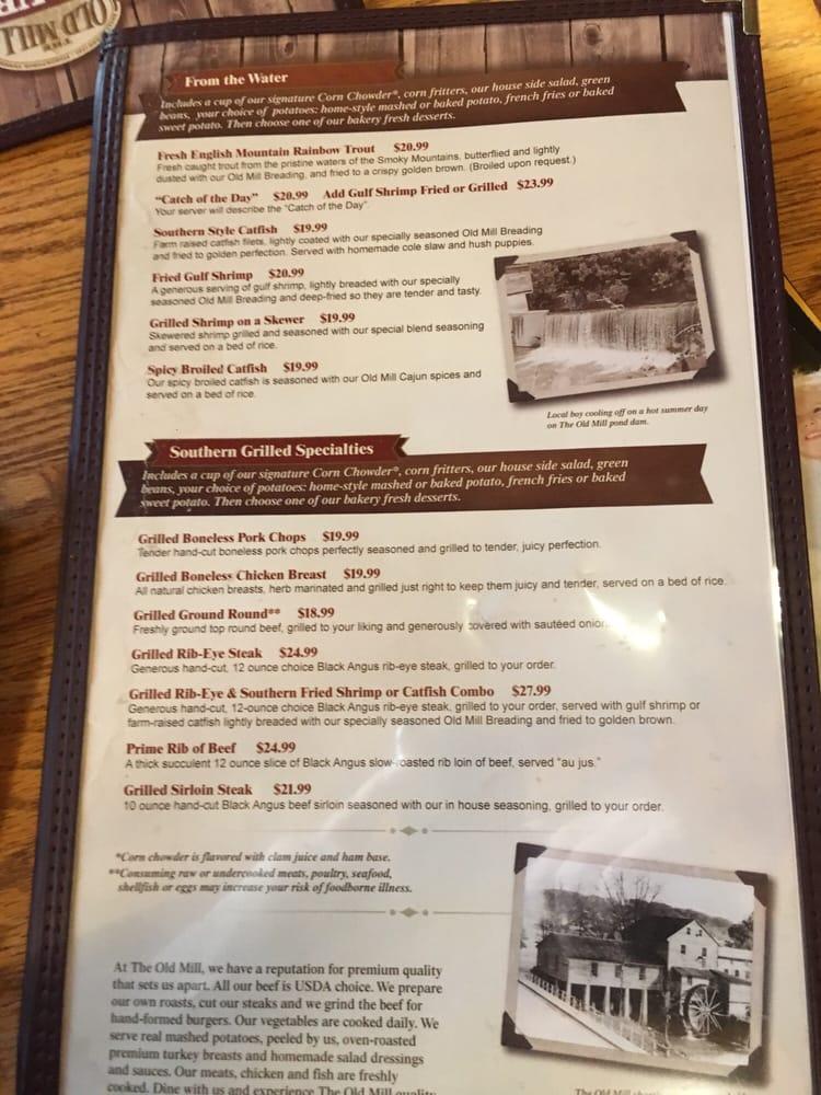 Menu at The Old Mill Restaurant, Pigeon 164 Old Mill Ave