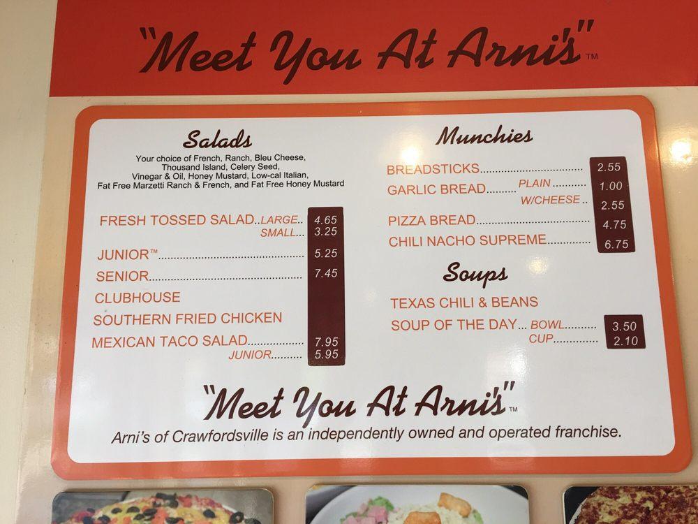 Menu at Arni's Crawfordsville pizzeria, Crawfordsville