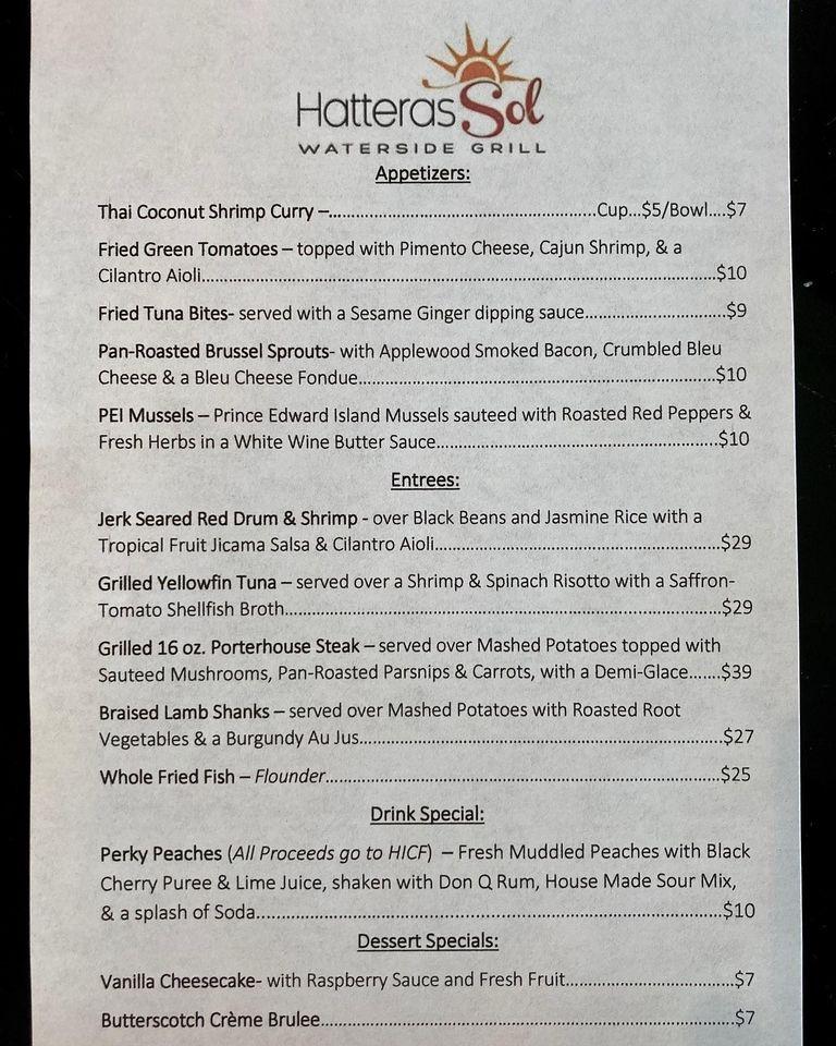Menu at Hatteras Sol Waterside Grill restaurant, Hatteras