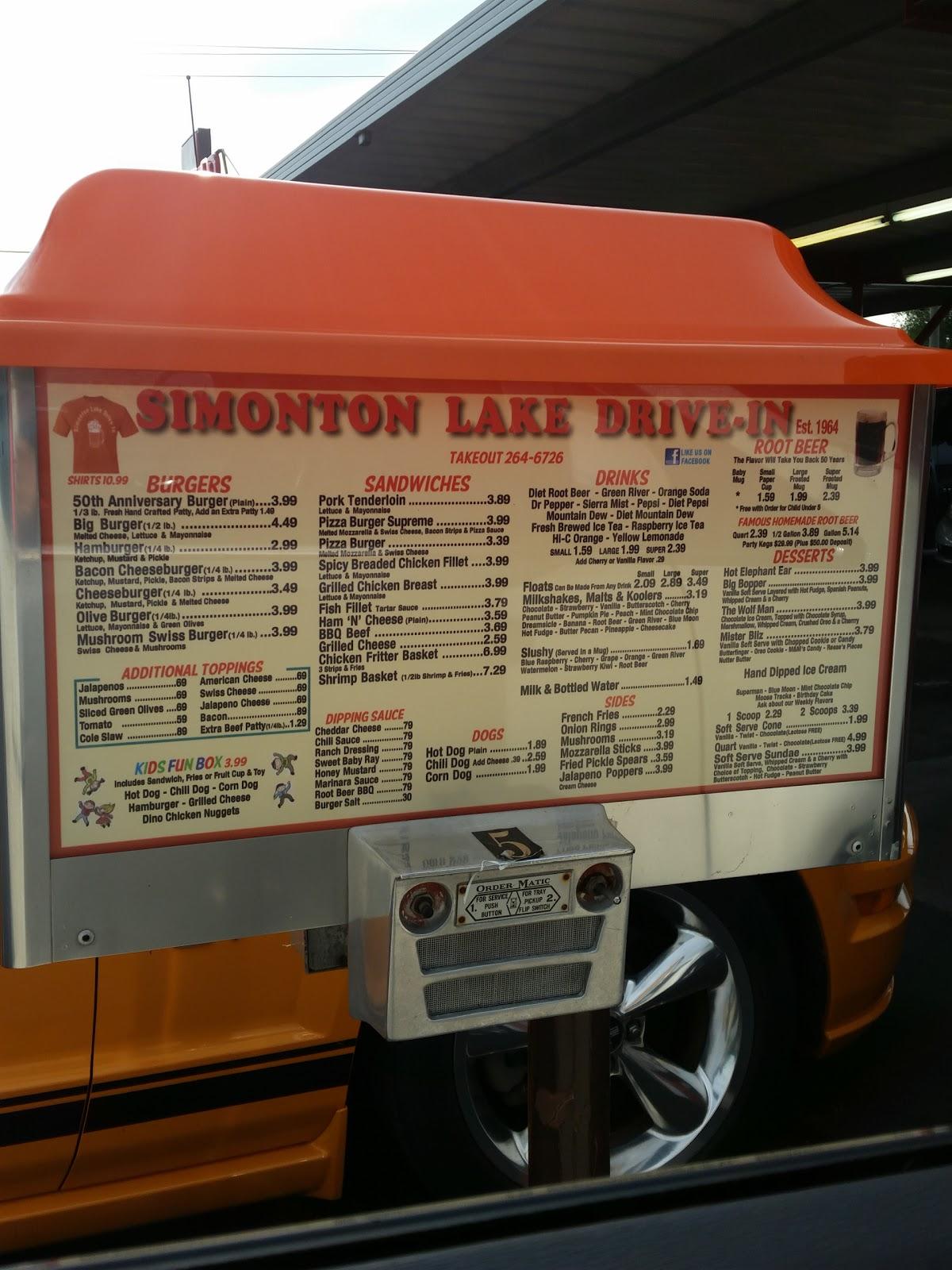 Menu at Simonton Lake DriveIn restaurant, Elkhart