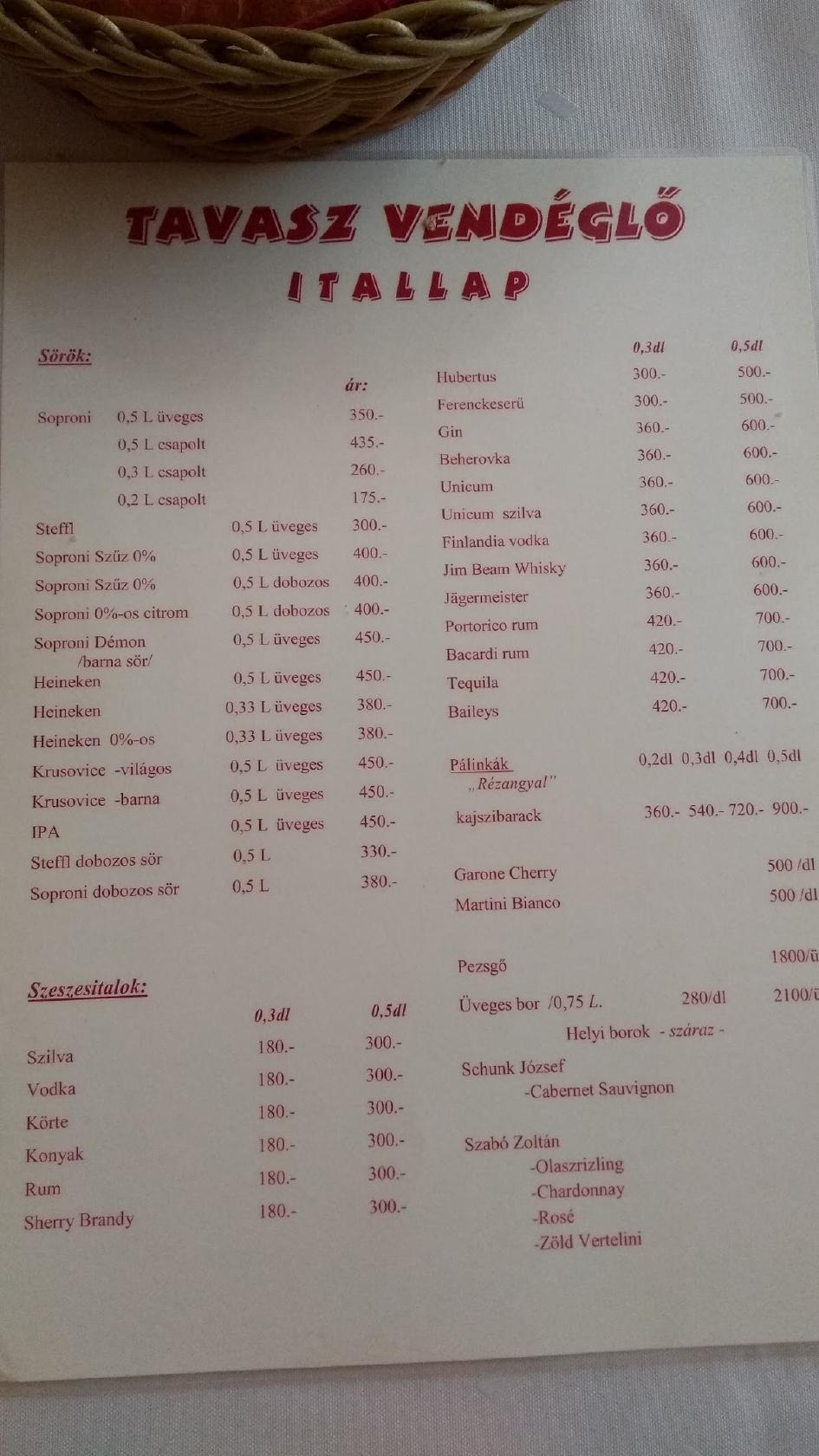 Menu at Spring restaurant, Hosszúhetény