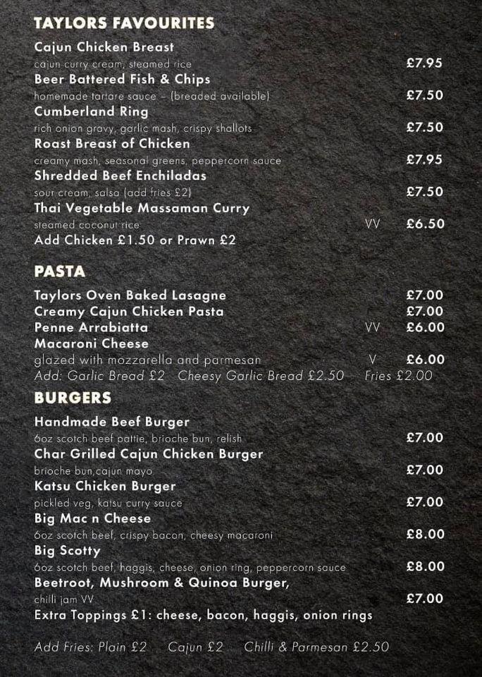 Menu At Taylor’s Hotel Pub & Bar, Kilwinning