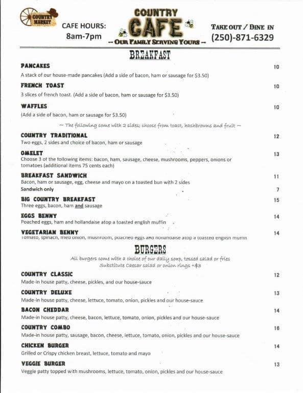 Menu at Courtenay Country Market restaurant, Courtenay, N Island Hwy