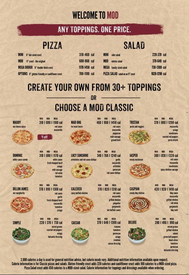 Menu at MOD Pizza pizzeria, Columbus, Sawmill Rd A